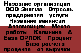  › Название организации ­ ООО Энигма › Отрасль предприятия ­ услуги › Название вакансии ­ Автомойщик › Место работы ­ Калинина 29А База ОРПОК › Процент ­ 35 › База расчета процента ­ от выручки › Возраст от ­ 18 › Возраст до ­ 45 - Приморский край, Владивосток г. Работа » Вакансии   